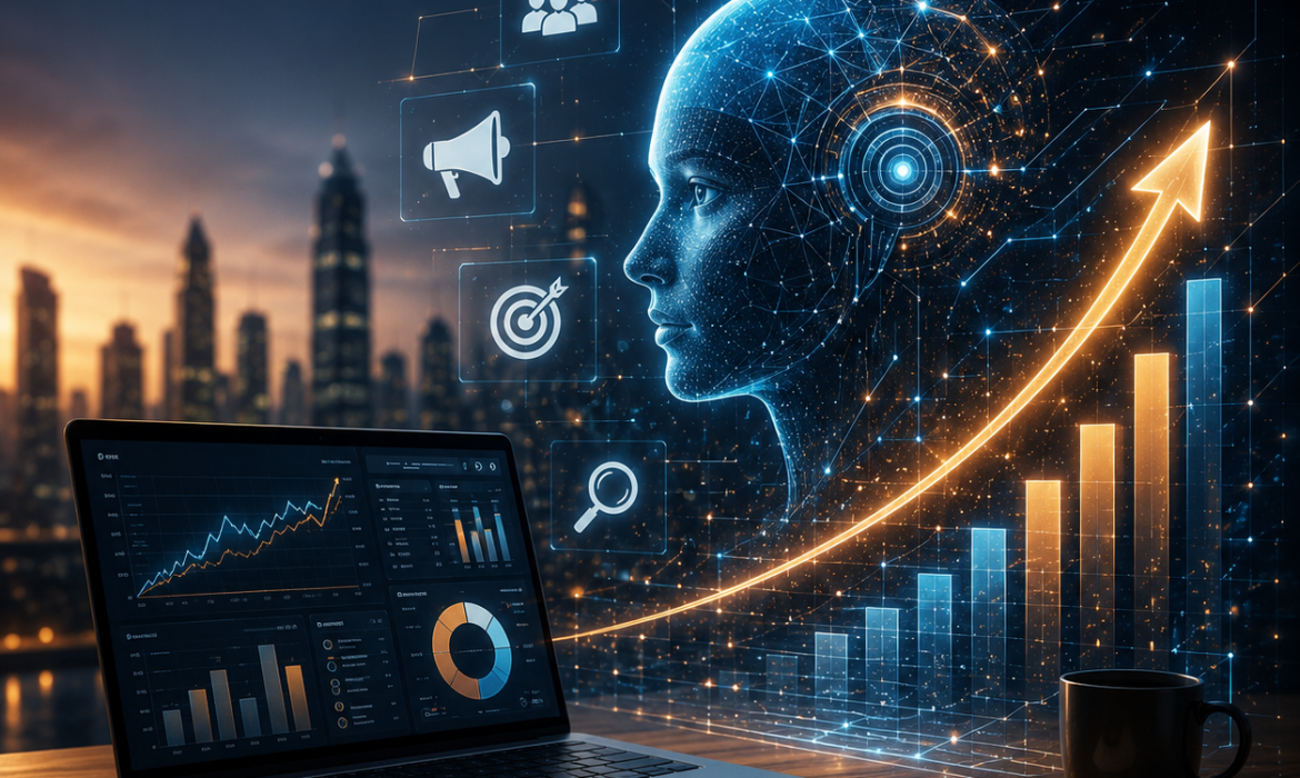 Futuristic AI-powered digital marketing workspace with analytics dashboard, business growth charts, and branding visuals representing modern marketing and SEO strategies.
