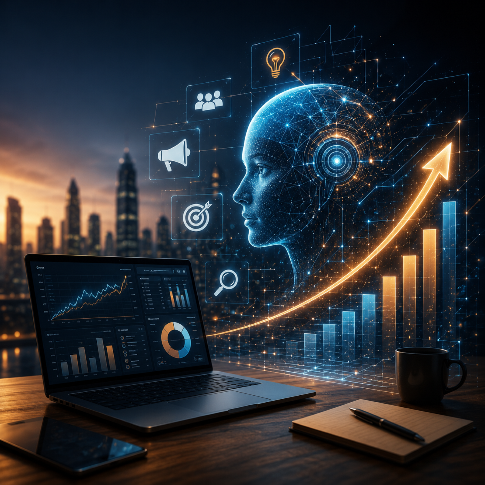 Futuristic AI-powered digital marketing workspace with analytics dashboard, business growth charts, and branding visuals representing modern marketing and SEO strategies.