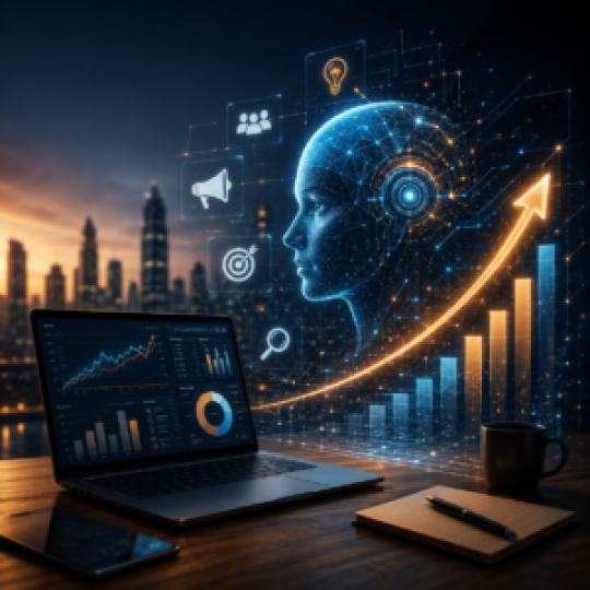 Futuristic AI-powered digital marketing workspace with analytics dashboard, business growth charts, and branding visuals representing modern marketing and SEO strategies.